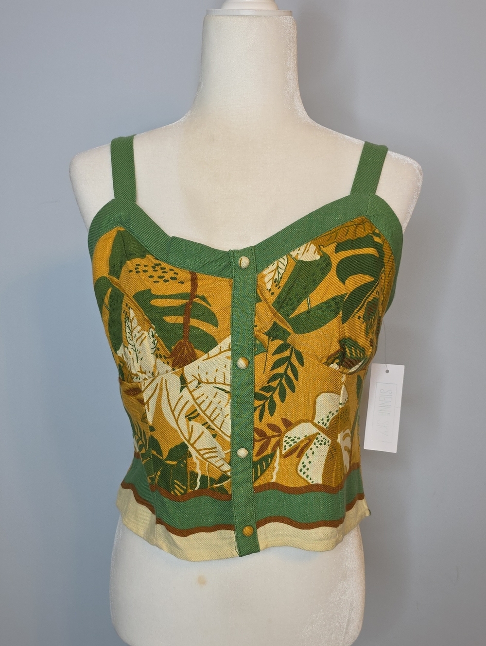 Sienna Sky Green and Mustard Tropical Button-Front Camisole